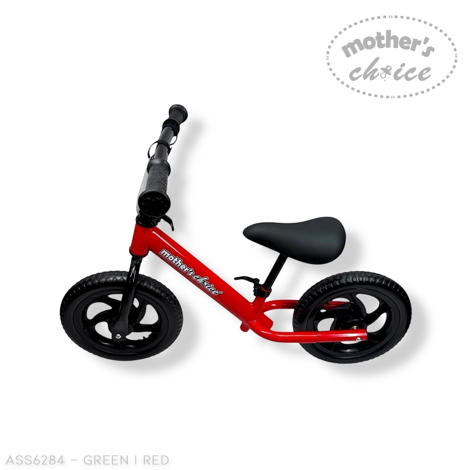 Red balance bike with black seat on a white background, branded 'Mother's Choice'.