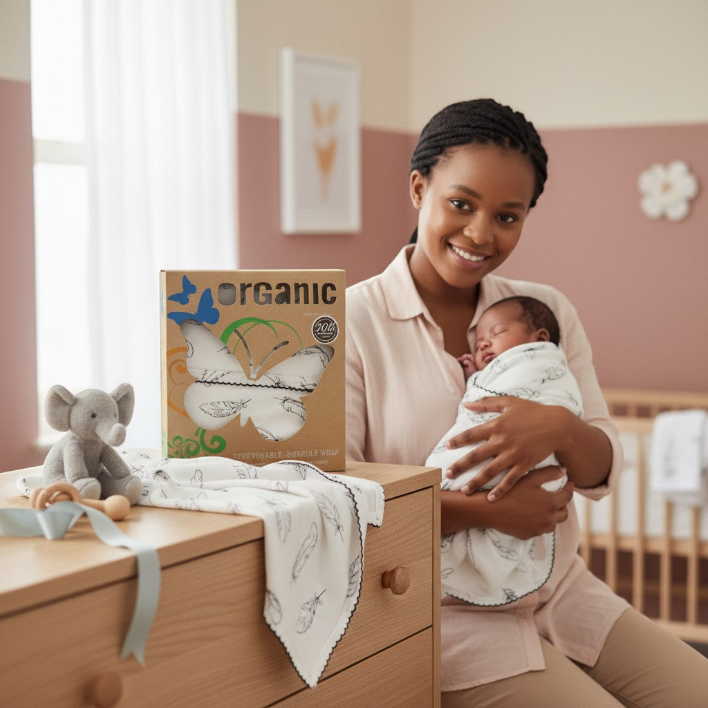 Woman holding a baby in a nursery with organic product packaging visible