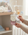 Mothers Choice 4 Pack Mitten Sets Flowers in cream, white, pink, and grey. Soft fabric for baby's hands.