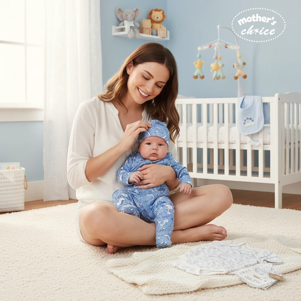 Mother's Choice 5 piece starter pack in blue with a dinosaur print, made of 100% cotton. Includes a onesie and hat.