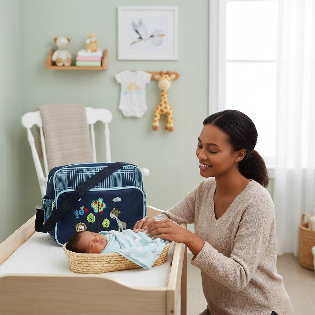 Mothers Choice Fun Daypack Navy with embroidered animals and plaid pattern. A mom and baby are in the background.