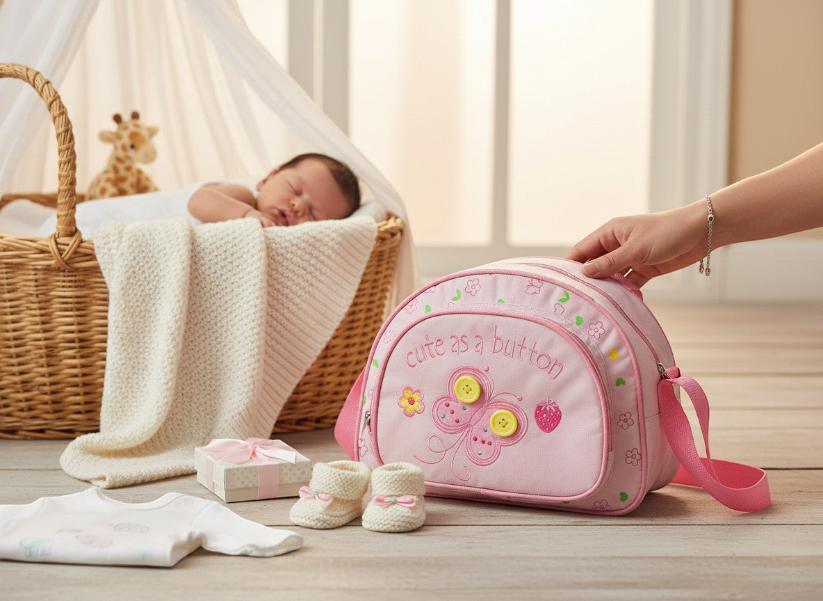 Mothers Choice Small Round Day Pack Pink, a compact and cute baby bag with butterfly embroidery and "cute as a button" text.