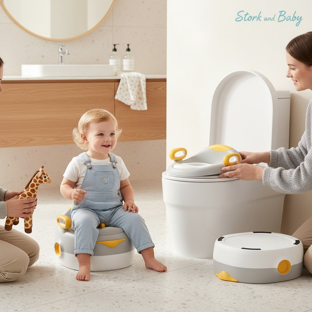 Stork and Baby 3-in-1 baby potty with grey and yellow PVC seat, featuring handles and a comfortable design for toddlers.
