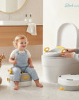Stork and Baby 3-in-1 baby potty with grey and yellow PVC seat, featuring handles and a comfortable design for toddlers.