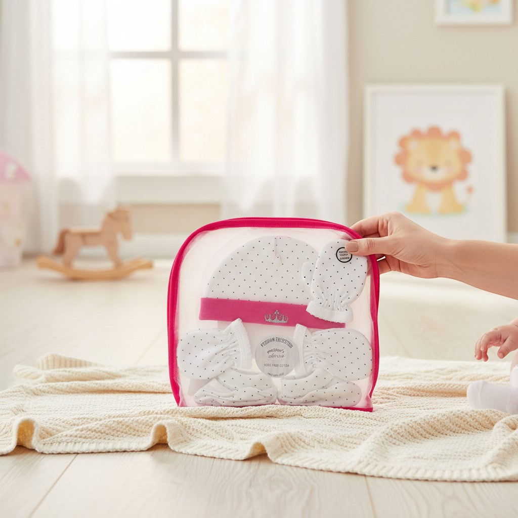 Stork And Baby white 100% cotton 3-piece baby set with polka dots and pink trim, includes hat and booties.