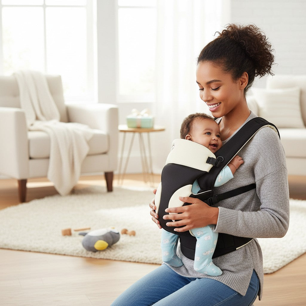 Stork And Baby brown 3-way baby carrier with adjustable straps, worn by a smiling mother holding her baby.