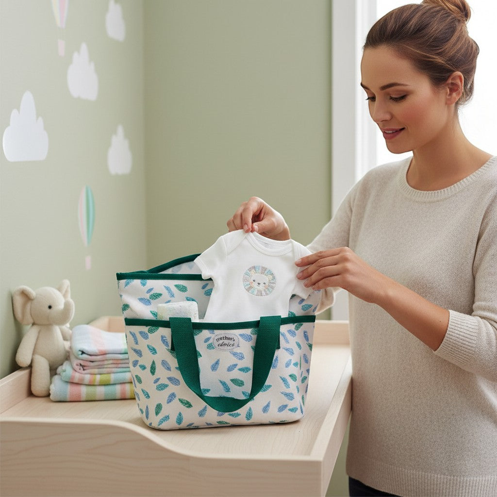 Stork And Baby Aqua Feather insulated bottle warmer bag with a white and blue feather print and green trim.