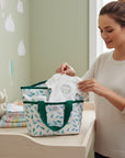 Stork And Baby Aqua Feather insulated bottle warmer bag with a white and blue feather print and green trim.