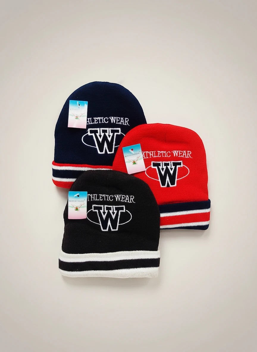 Stork And Baby navy, red, and black knit beanies with white stripes and embroidered 'W' logo. Athletic style.