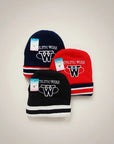 Stork And Baby navy, red, and black knit beanies with white stripes and embroidered 'W' logo. Athletic style.