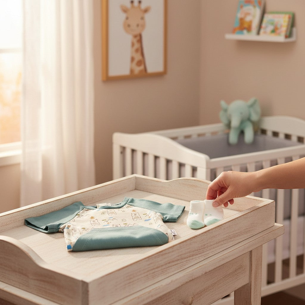 Stork And Baby light blue and cream baby boys romper with bear print and matching socks on a changing table.