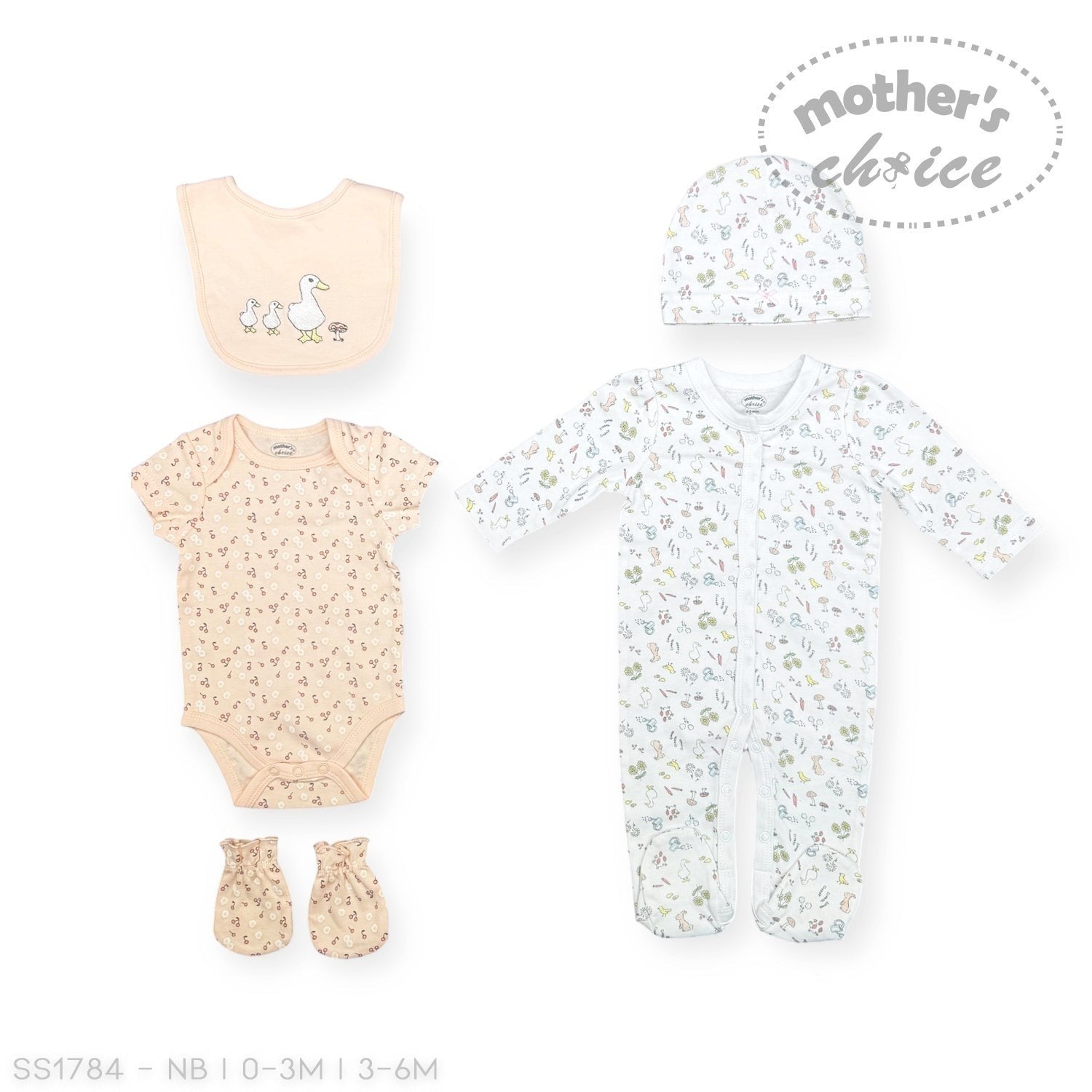 Stork And Baby 5-piece baby layette set with duck and squirrel print, including a bodysuit, footie pajamas, hat, bib, and mittens. Made of 100% cotton.