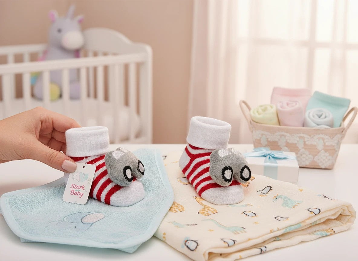 Stork And Baby red and white striped baby socks with grey car rattle, soft cotton blend, gift set.