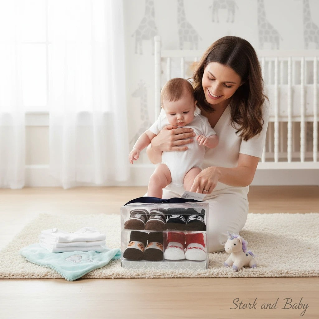 Stork and Baby 4-pack baby socks in PVC gift box, featuring brown, black, and red pairs with animal and stripe designs.