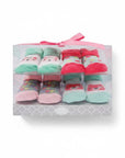 Stork And Baby 4 pack baby socks gift set with bear theme, featuring mint green, pink, and coral colors.