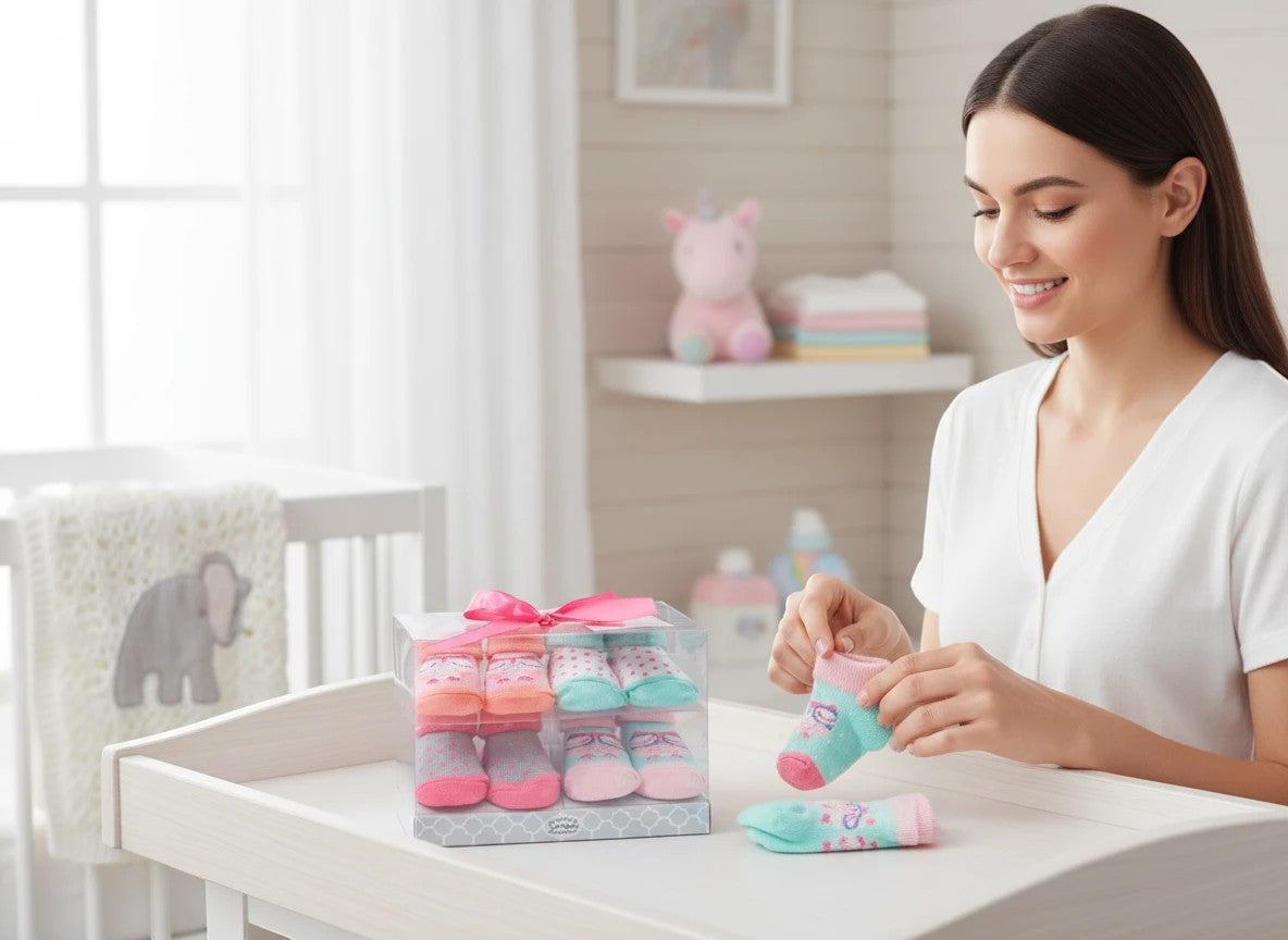 Stork And Baby 4 pack baby socks gift set with owl theme, pink, mint green, and grey colors. Soft cotton blend.