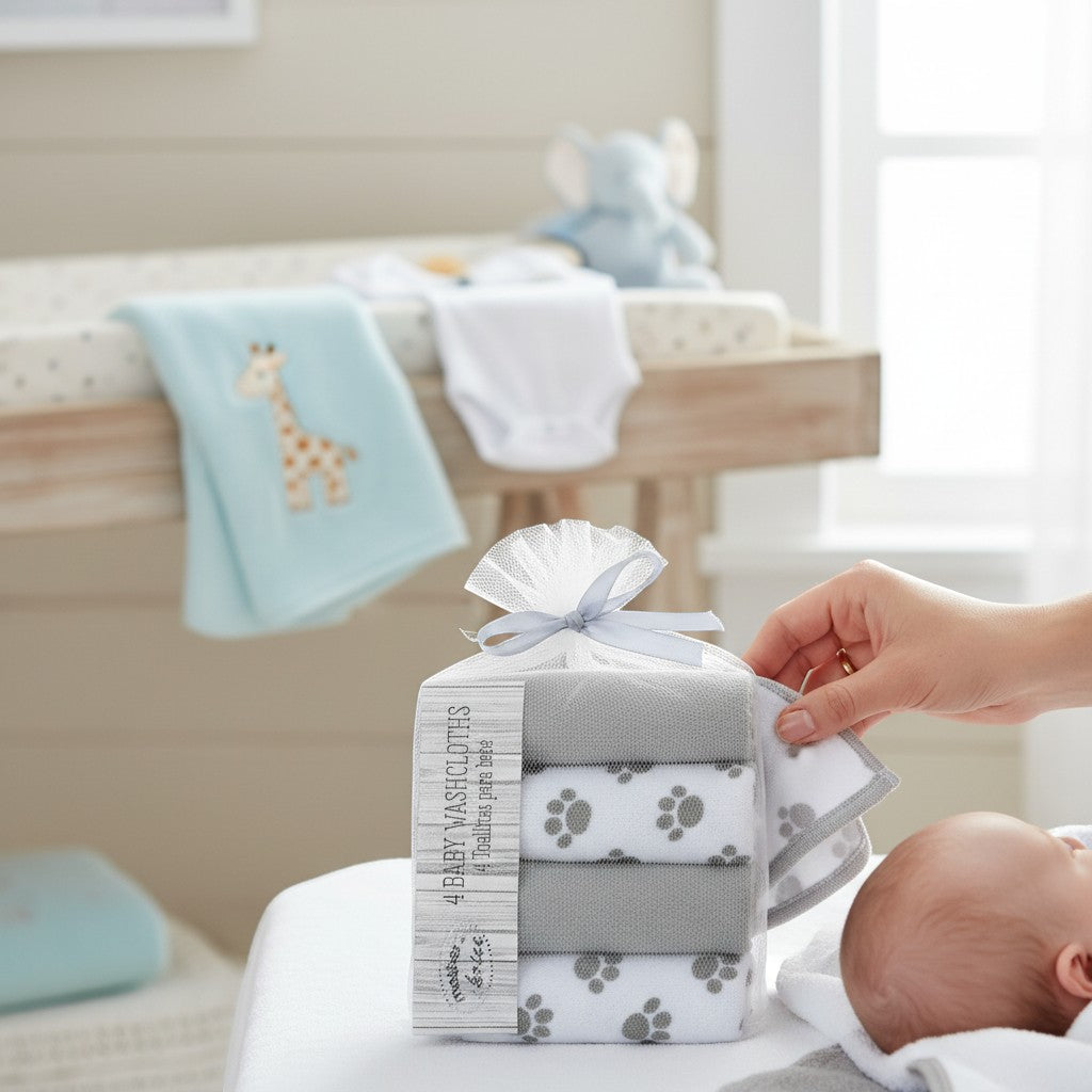 Stork And Baby 4 pack baby washcloths in white and grey with paw prints, soft and absorbent for gentle baby care.