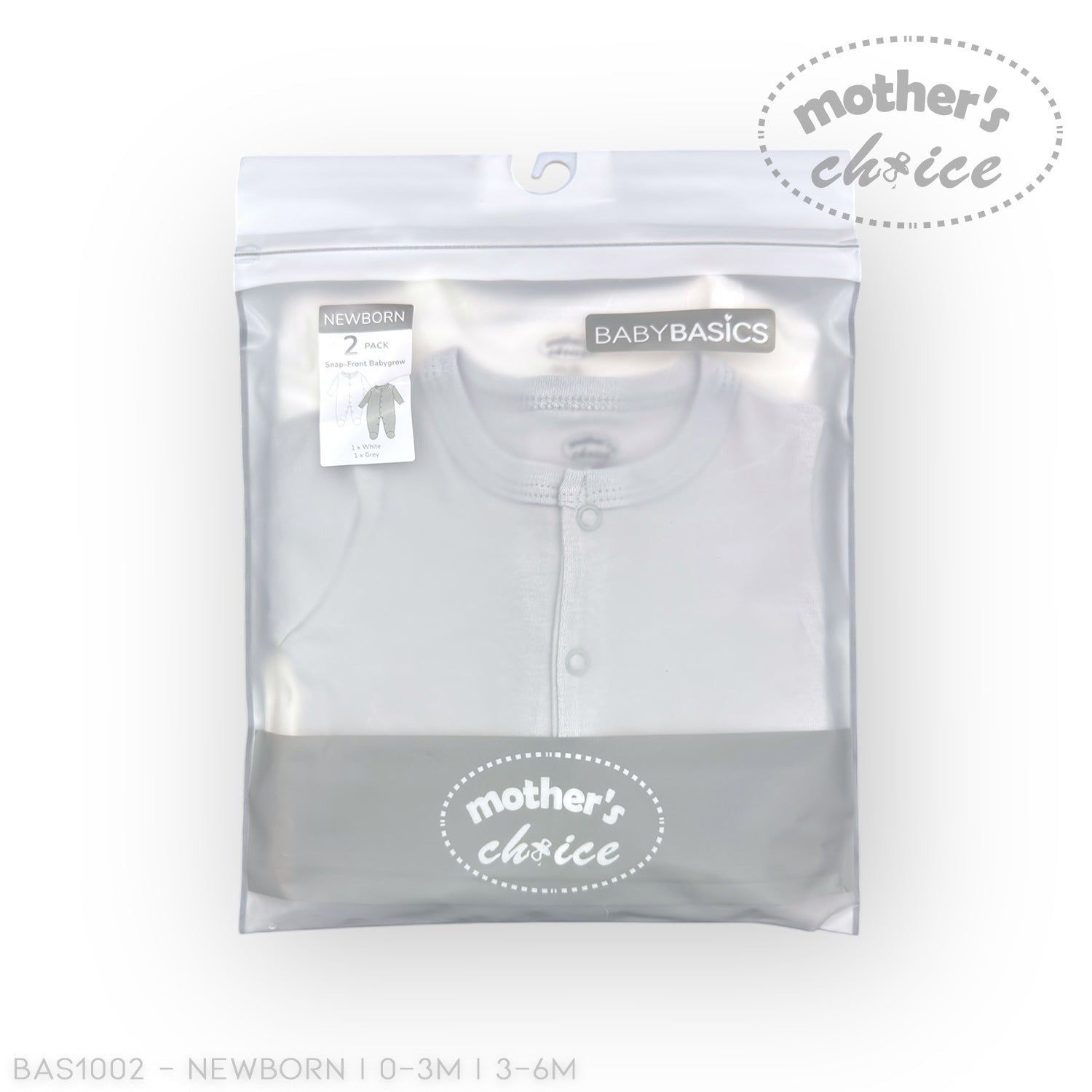 Stork And Baby white and grey 2-pack babygrows with snap closures for easy dressing.