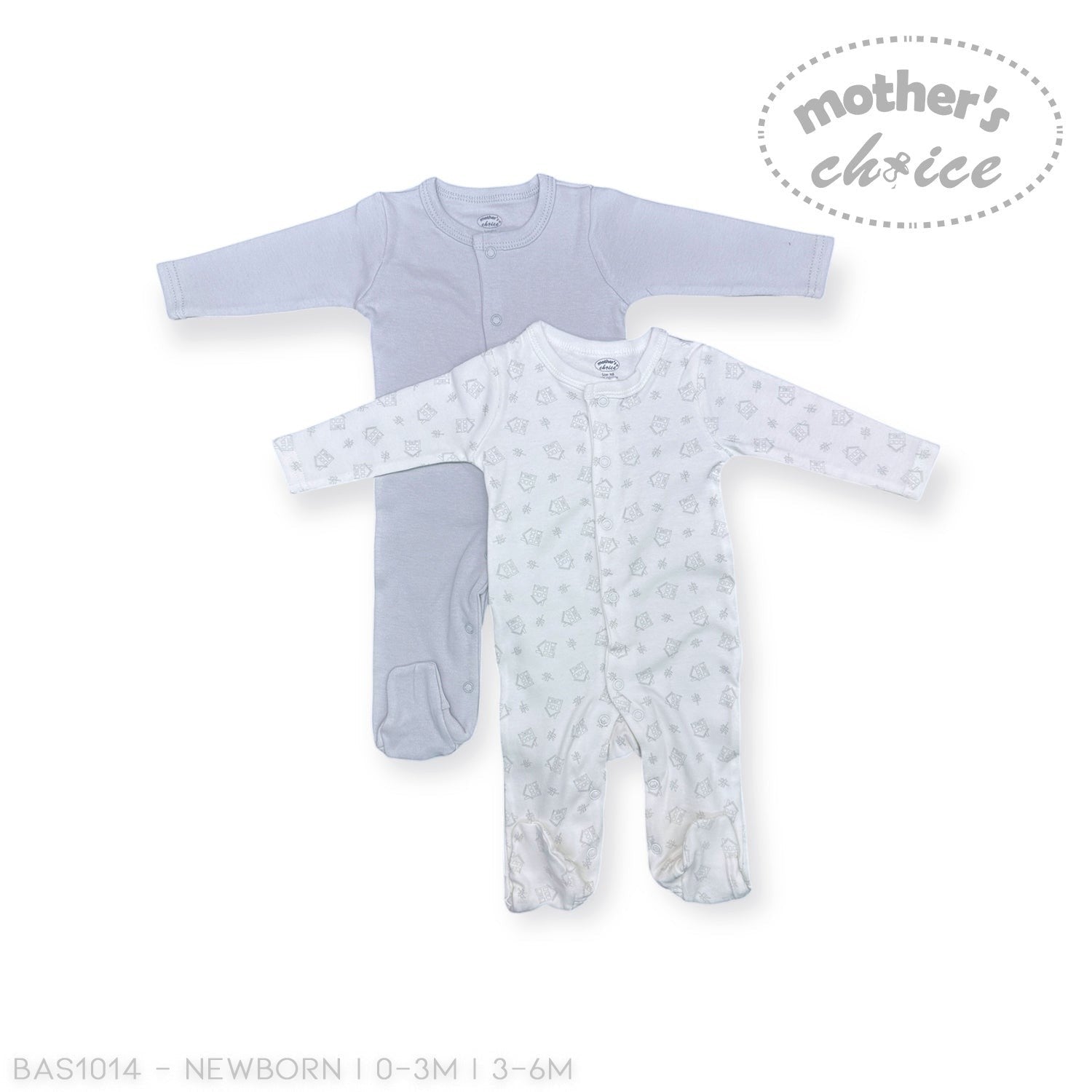 Stork And Baby light grey and white patterned 2-piece babygrow set with snap closures and footies. Soft cotton.