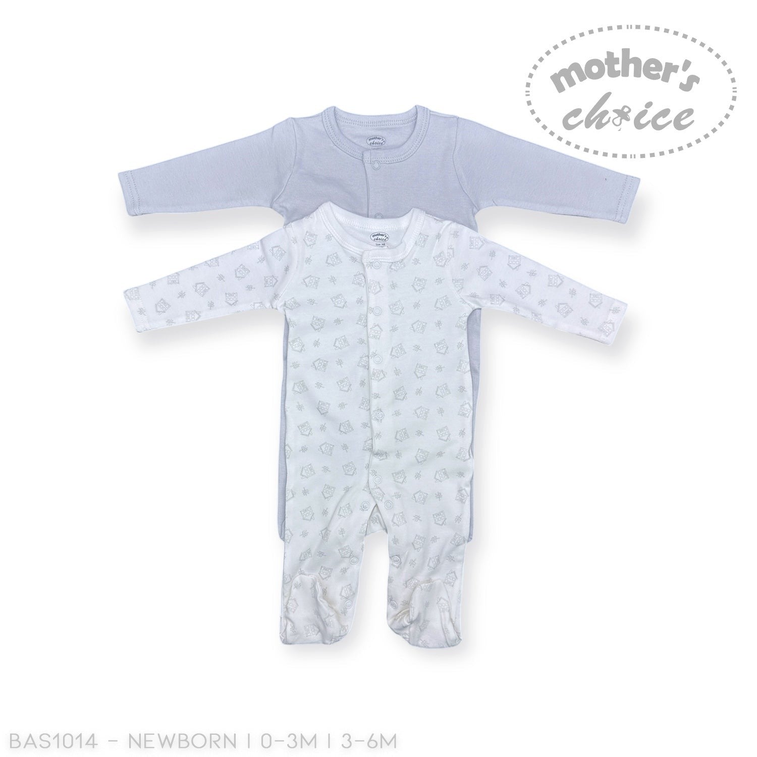 Stork And Baby light blue and white patterned 2-piece babygrow set with snap closures and footies.