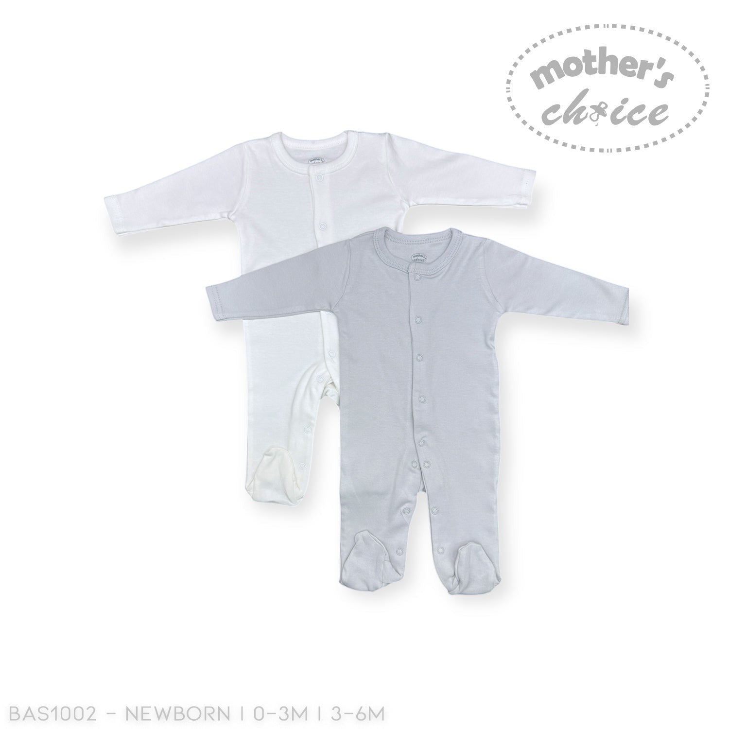Stork And Baby white and light grey 2-piece babygrow set with snap closures and footies. Soft cotton for comfort.