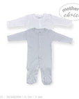Stork And Baby white and grey 2-piece babygrow set with snap closures and footies. Soft cotton for newborn comfort.