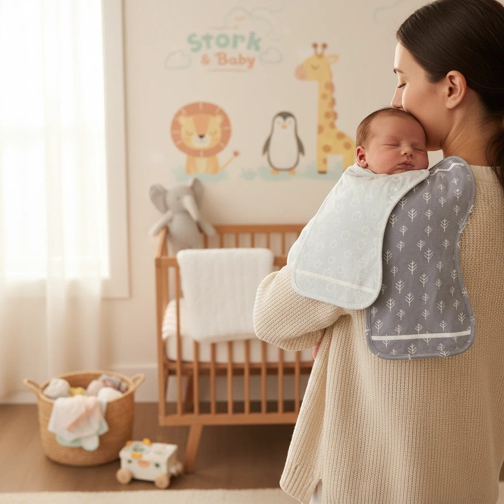 Stork &amp; Baby grey and white bamboo burp cloths with tree and cloud patterns.