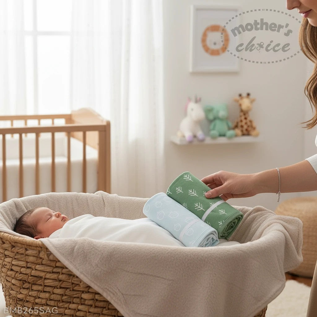 Stork And Baby Mother's Choice 2-pack sage green and light blue bamboo burp cloths with leaf and acorn prints.