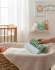 Stork And Baby Mother's Choice 2-pack sage green and light blue bamboo burp cloths with leaf and acorn prints.