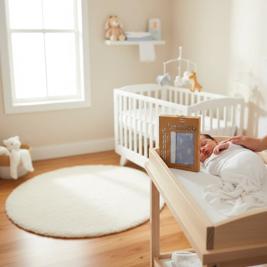 Stork And Baby Mothers Choice 2pk muslin wraps, 70% bamboo, 30% cotton, blue tree print, 100x100cm.