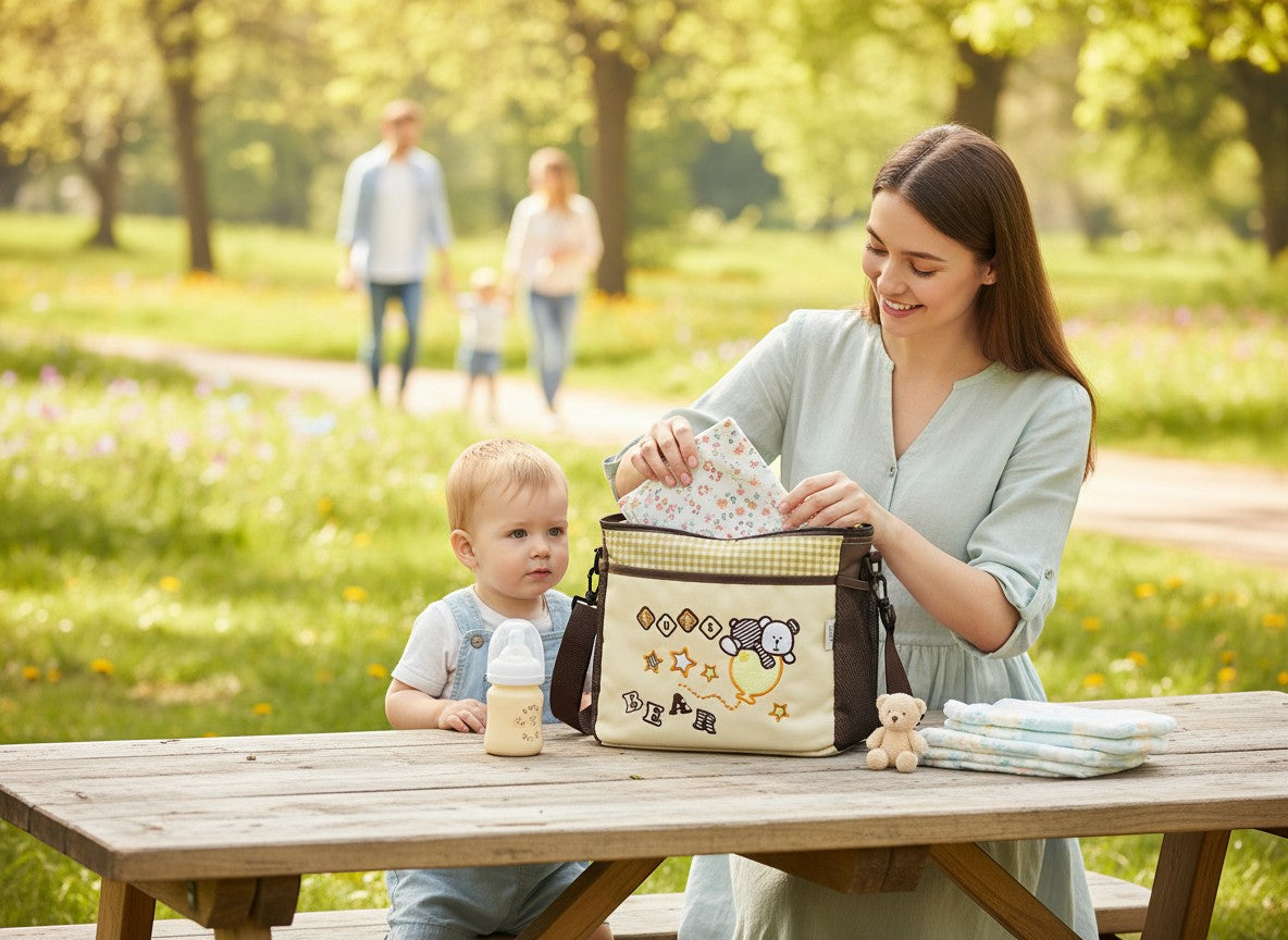 Stork And Baby Small beige diaper bag with bear embroidery, organized compartments, and a checkered trim. A woman places items inside while a baby sits nearby.