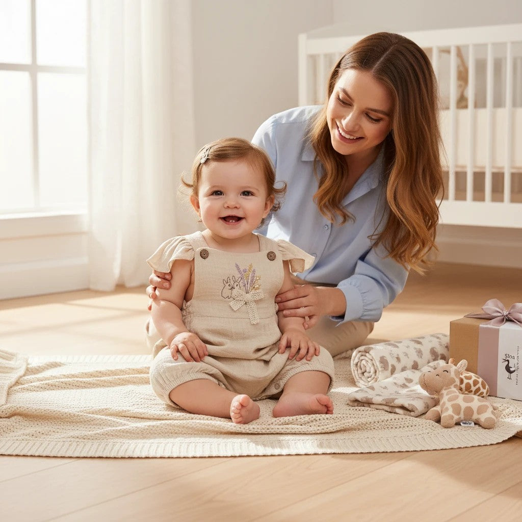 Stork And Baby beige muslin romper with flutter sleeves and bunny embroidery on a baby sitting on a blanket.