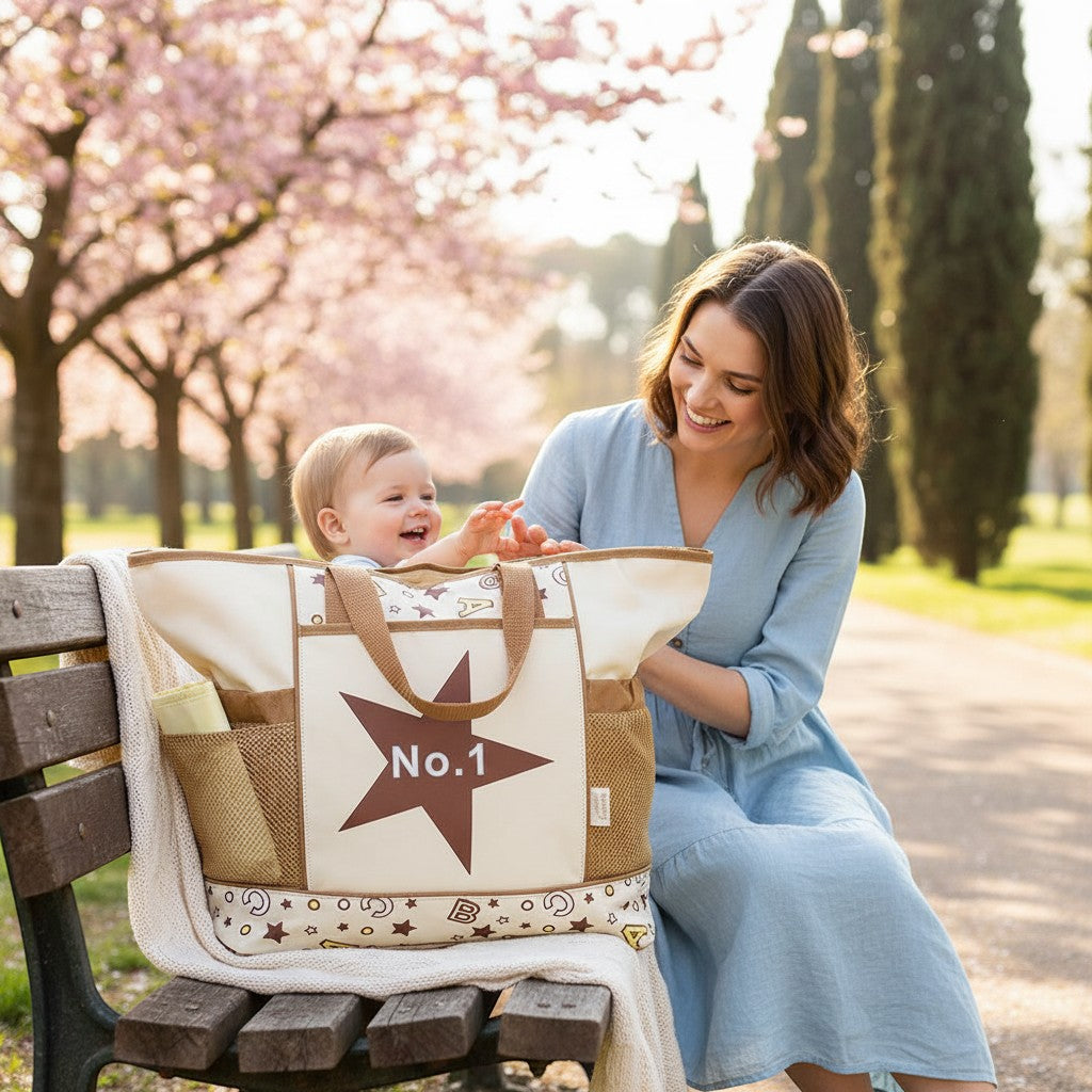 Stork And Baby beige nappy bag with brown star and "No.1" graphic, spacious interior, smart compartments, perfect for daily outings.