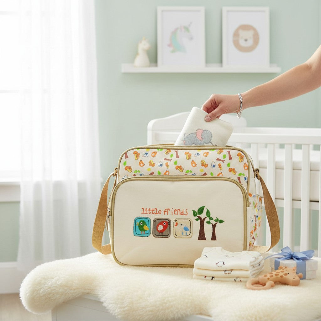 Stork And Baby beige nappy bag with 'Lil Friends' embroidery and animal graphics. Features spacious compartments and a lightweight design.