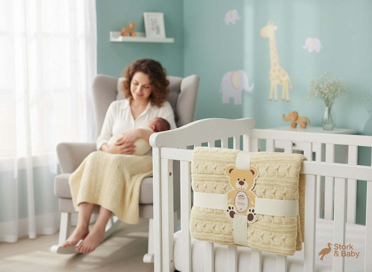 Stork And Baby beige cable knit shawl with teddy bear tag, 75x100cm, perfect for newborns.
