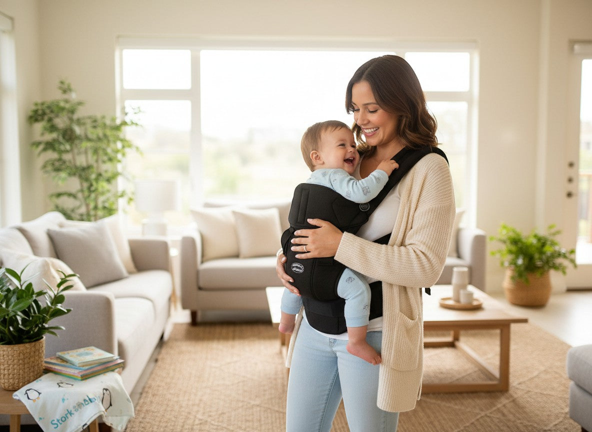 Stork And Baby black 6-way elegant baby carrier with adjustable positions for hands-free carrying.