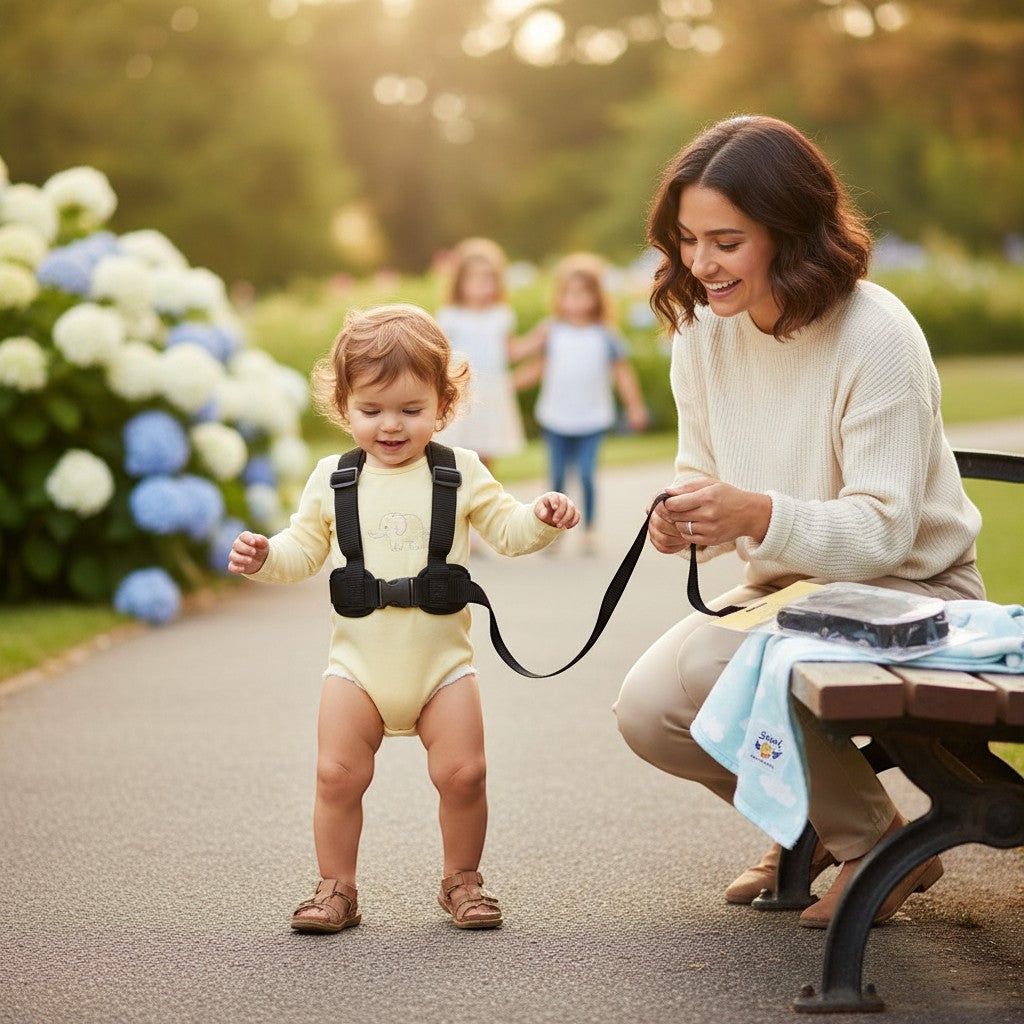 Stork And Baby black baby walking harness with elephant detail, worn by a toddler outdoors with a woman holding the leash.