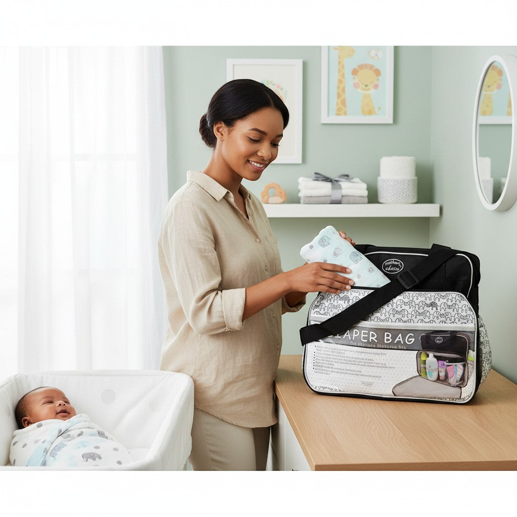 Stork And Baby black diaper bag with elephant print, multiple compartments, and changing pad. Woman packing bag near baby.