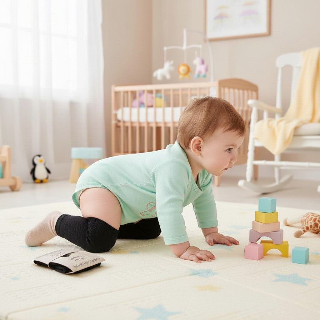 Stork And Baby black non-slip knee guards with grip dots for crawling babies.