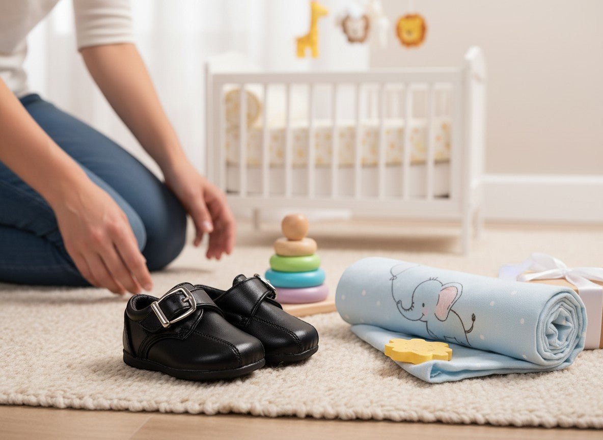 Stork And Baby black faux leather boys velcro shoes with buckle detail, perfect for everyday wear.