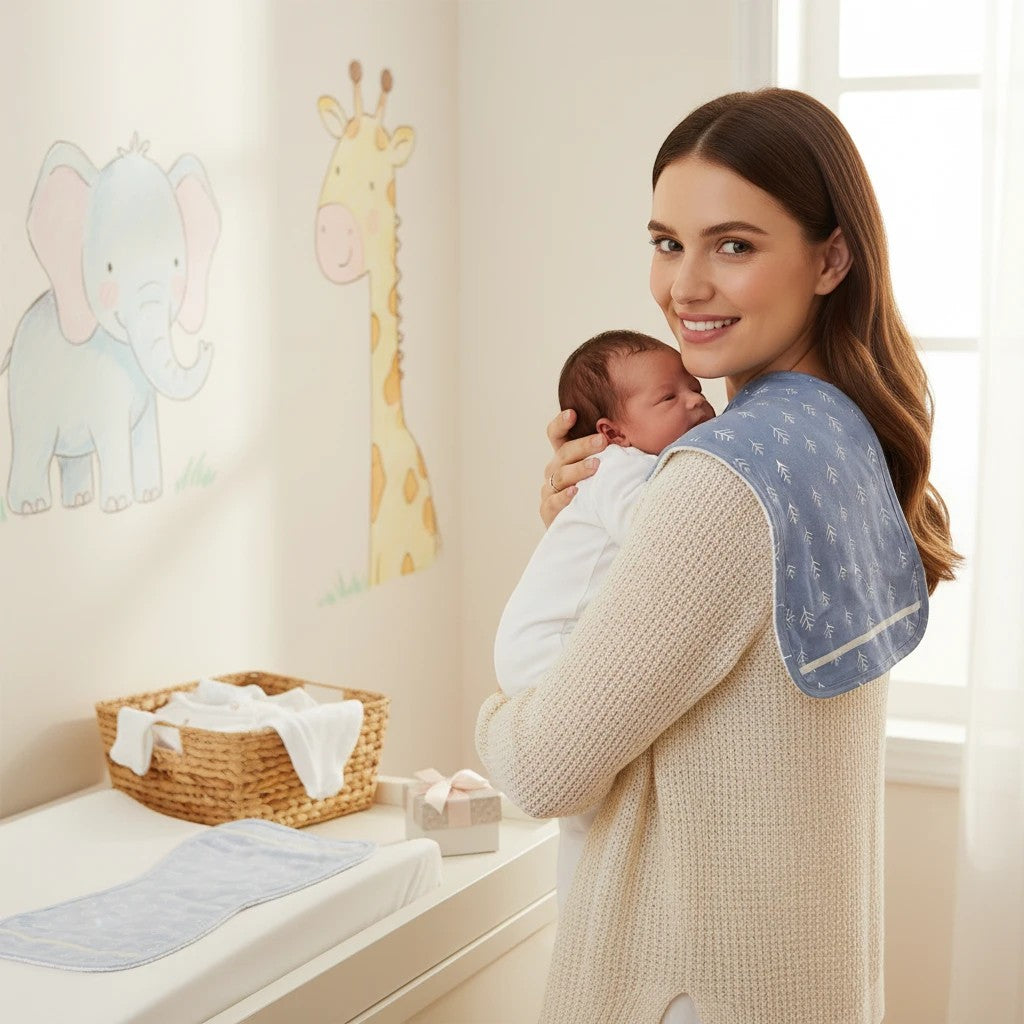 Stork And Baby blue bamboo burp cloths with a white leaf pattern, worn by a mother holding her baby.