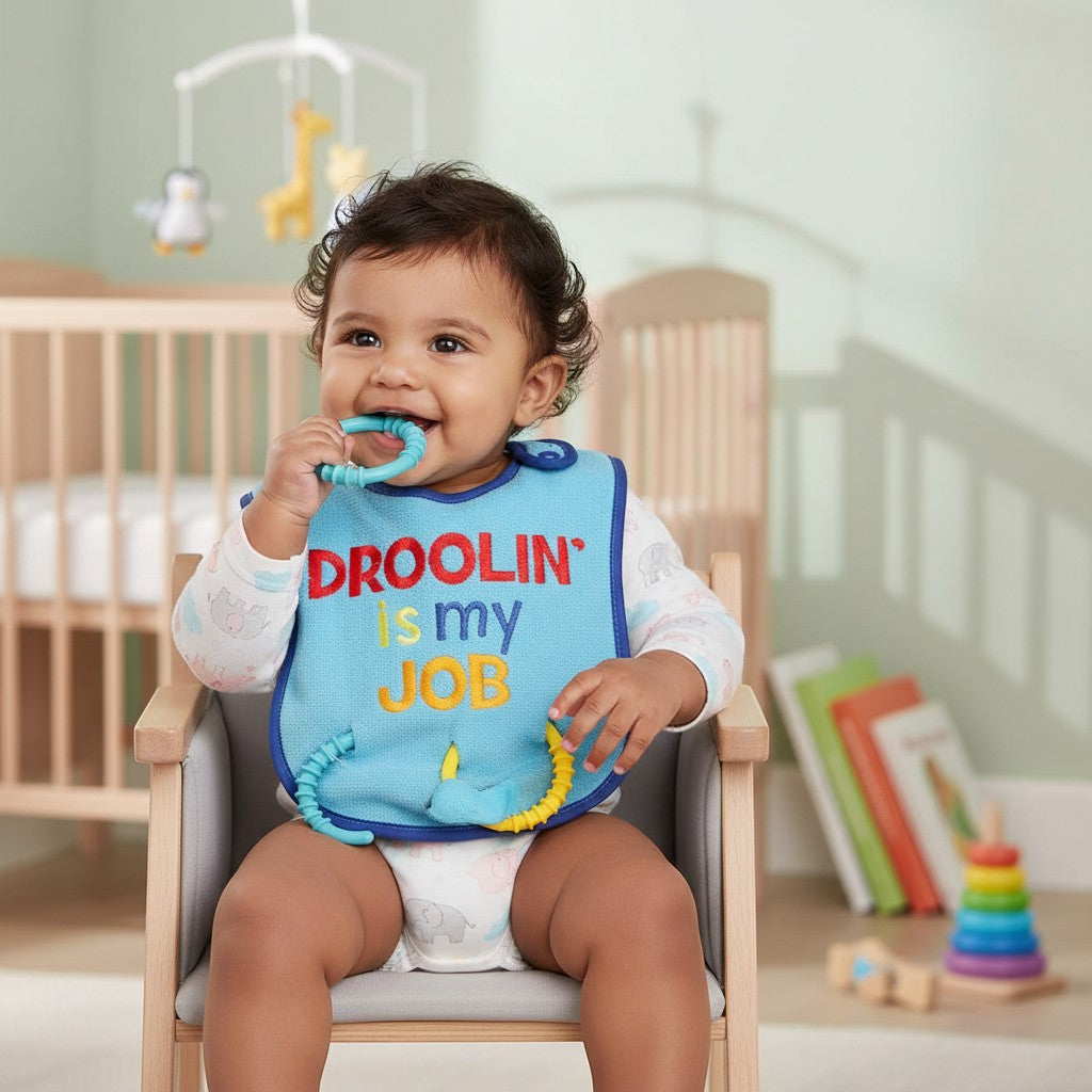 Stork And Baby blue bib with "Droolin Is My Job" text and attached teething rings for babies.