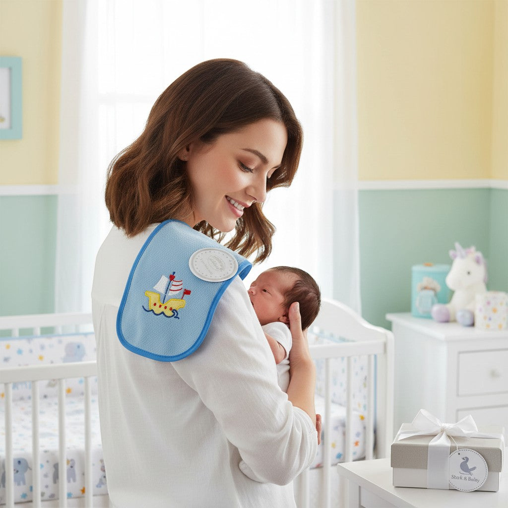 Stork & Baby blue burp cloth with sailboat embroidery, soft absorbent fabric for feeding messes.
