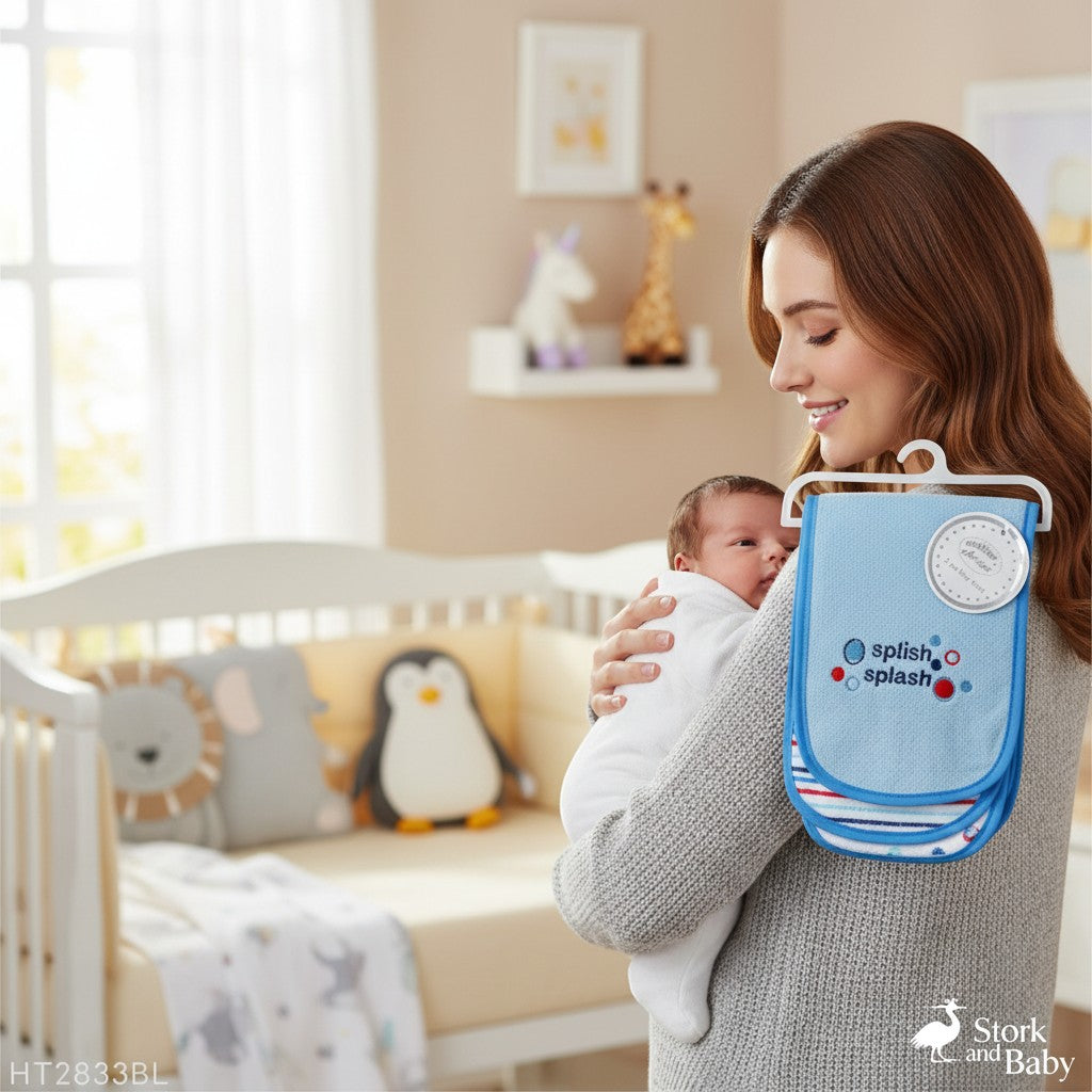 Stork And Baby blue 3-piece burp cloth set with "splish splash" embroidery and striped trim.