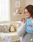Stork And Baby blue 3-piece burp cloth set with "splish splash" embroidery and striped trim.