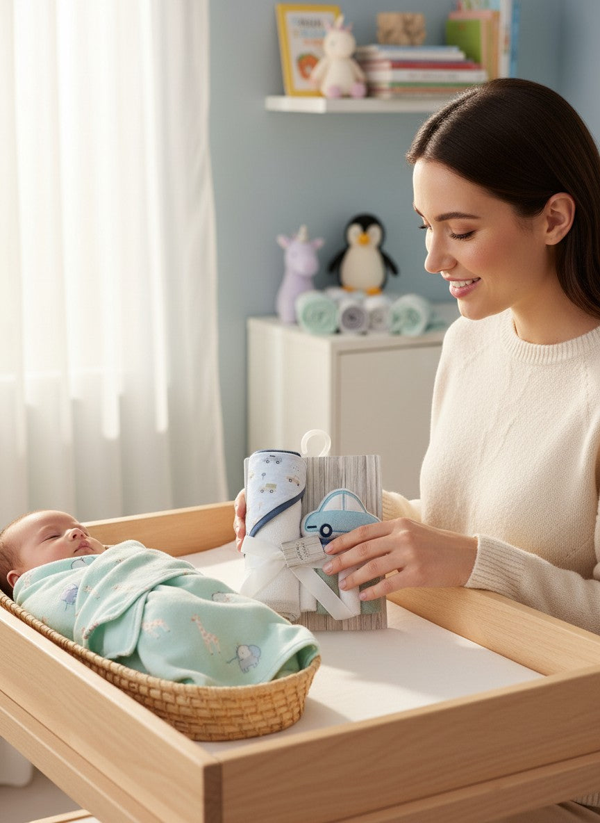 Stork And Baby blue car hooded towel, washcloths, and sponge set for baby bath time.
