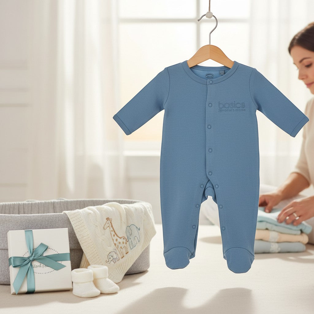 Stork And Baby blue 100% cotton interlock baby grow with snap closure and footies. Features embroidered 'basics' logo.