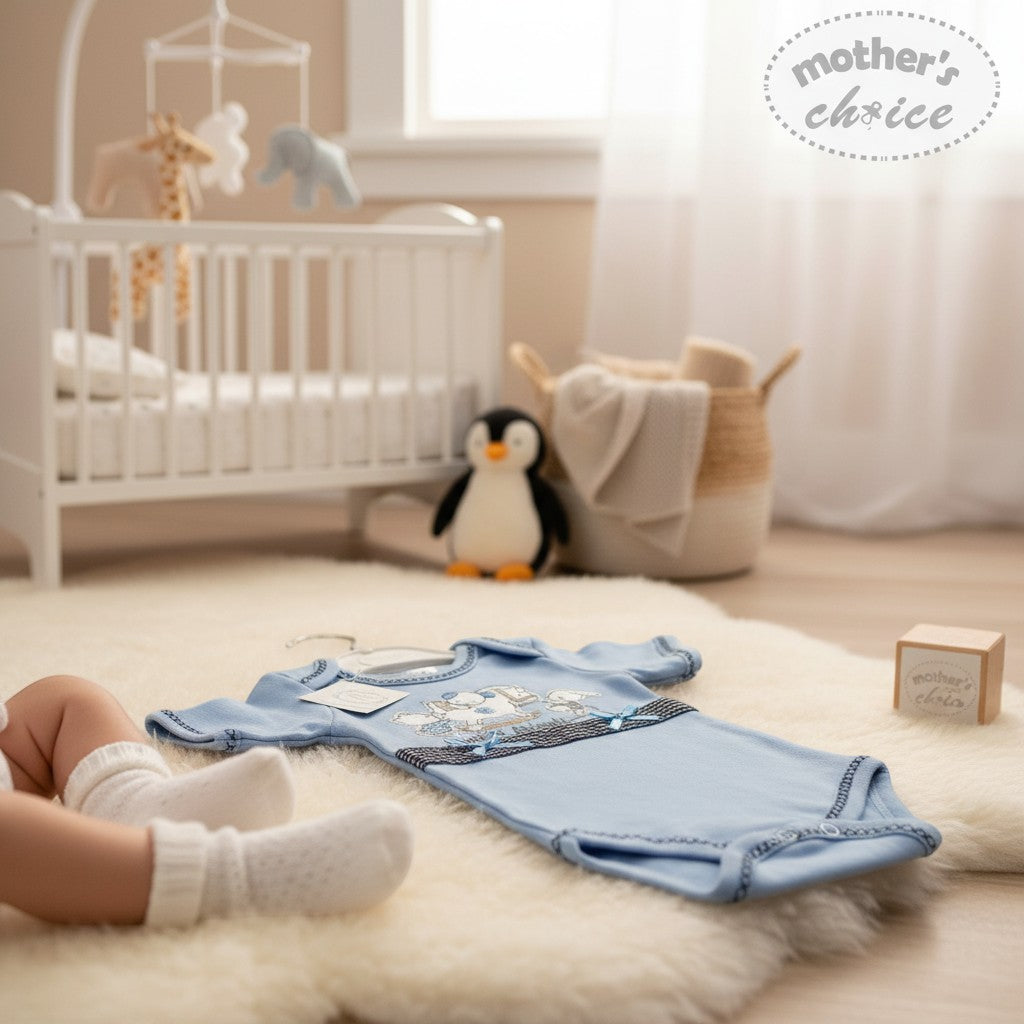 Stork And Baby light blue 100% combed cotton baby romper with rocking horse and little friends print
