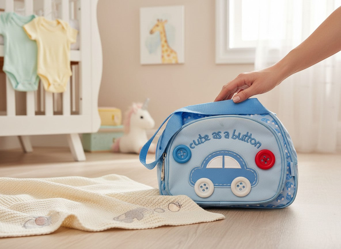 Stork And Baby blue round day pack with car embroidery and button details. Features "cute as a button" text.