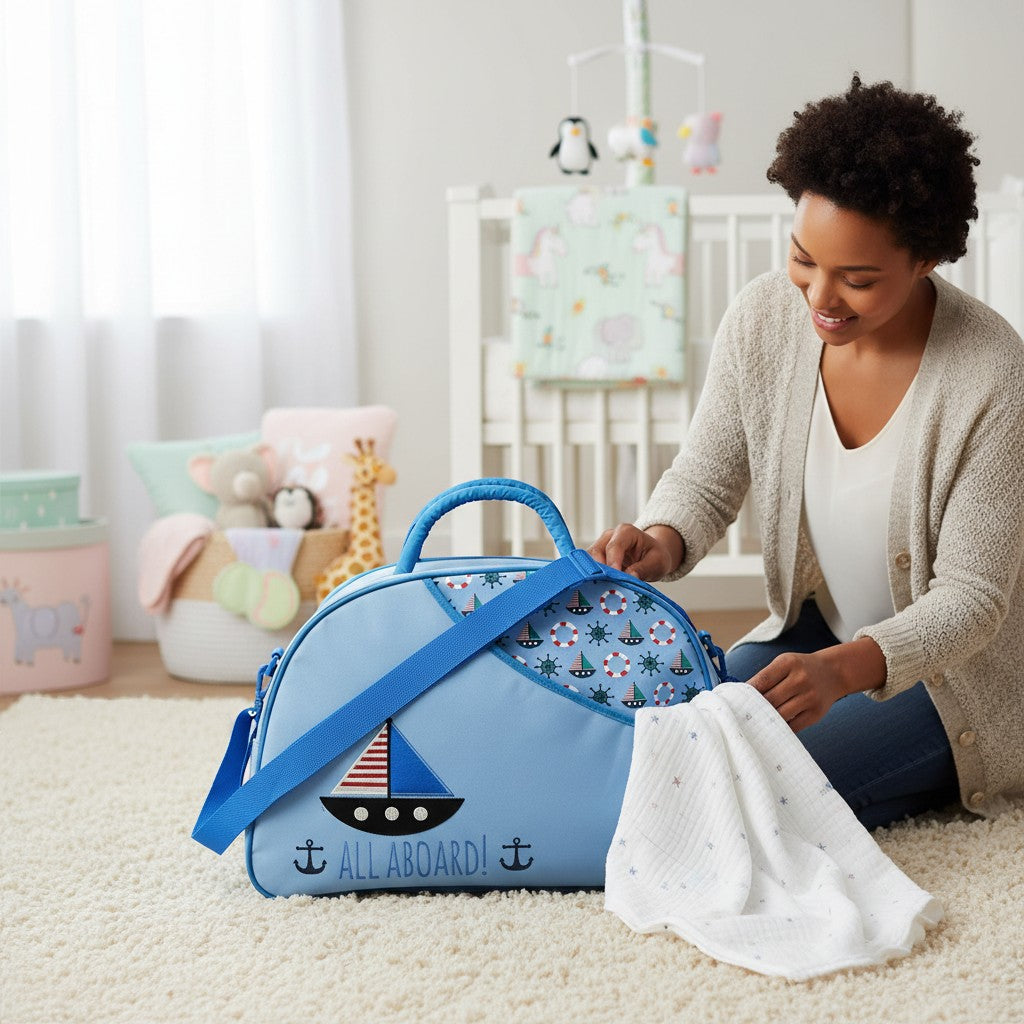 Stork And Baby blue round top diaper bag with sailboat and 'All Aboard!' text, nautical print accents.